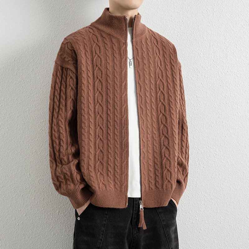 双拉链毛衣外套男款秋冬季高领麻花编织针织开衫宽松休闲外穿线衣
