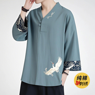 七分袖T恤男款纯棉100%全棉中国风仙鹤刺绣v领低领新中式短袖体恤