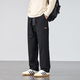 休闲裤男款系绳纯色宽松直筒亲肤透气棉质秋冬季加绒加厚保暖裤子
