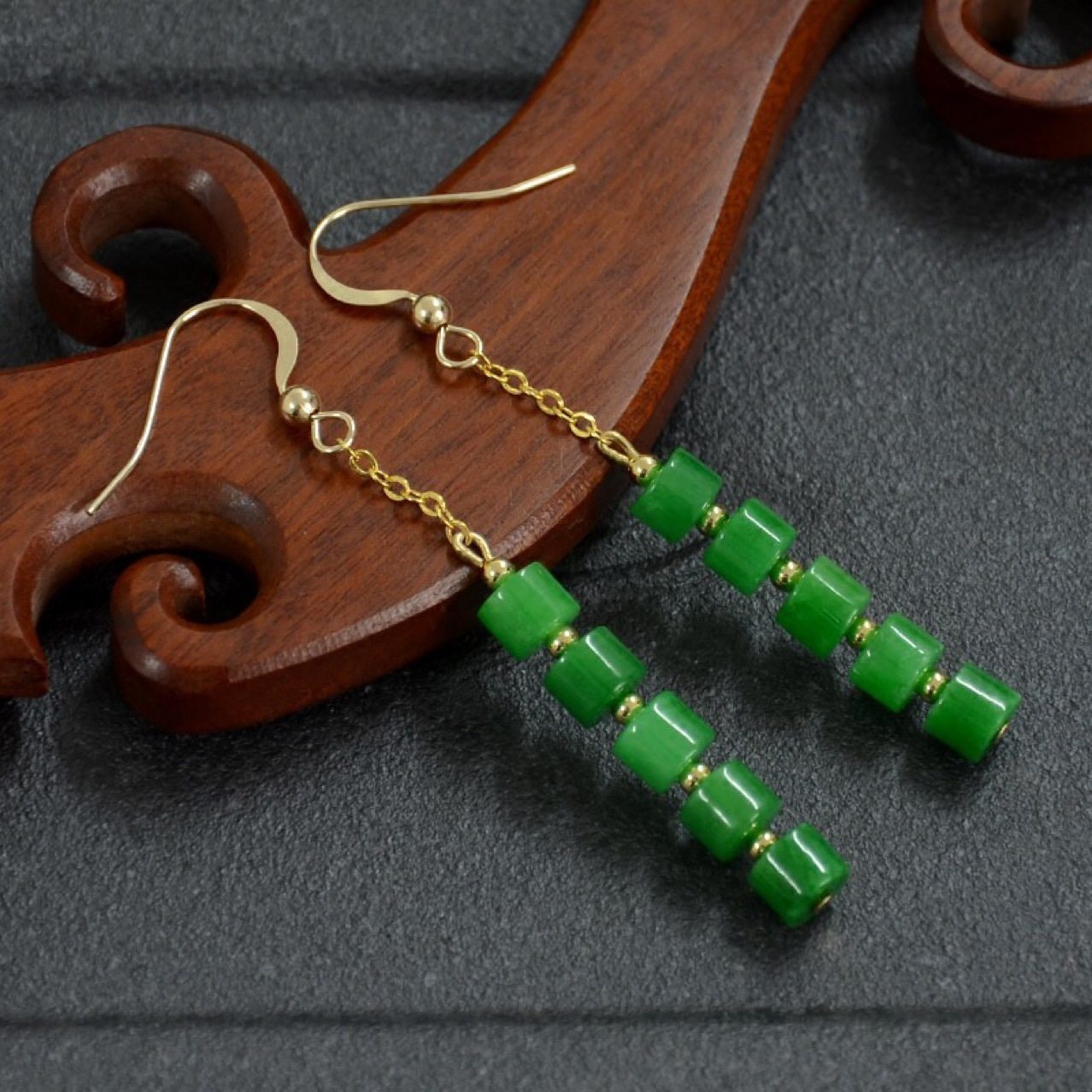 原创设计翡翠干青玉石耳坠14K包金耳环时尚个性民族风古典女耳饰