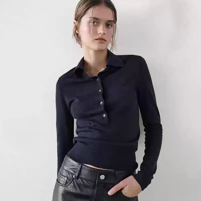 MD女装学院风翻领纽扣羊毛针织衫女长袖软糯通勤上衣05615610452