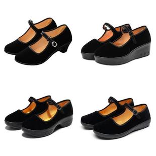 一字带黑布鞋女平底坡跟松糕舞蹈酒店上班女鞋经典老北京布鞋女鞋