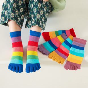 儿童彩虹拼色中筒五指袜 舒适纯棉儿童分指袜子男女孩大小童袜子
