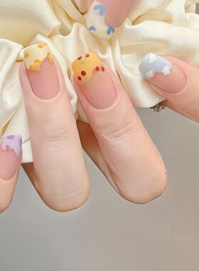 穿戴甲学生日系简约甜心波浪多巴胺法式穿戴甲短款可爱彩色豹纹