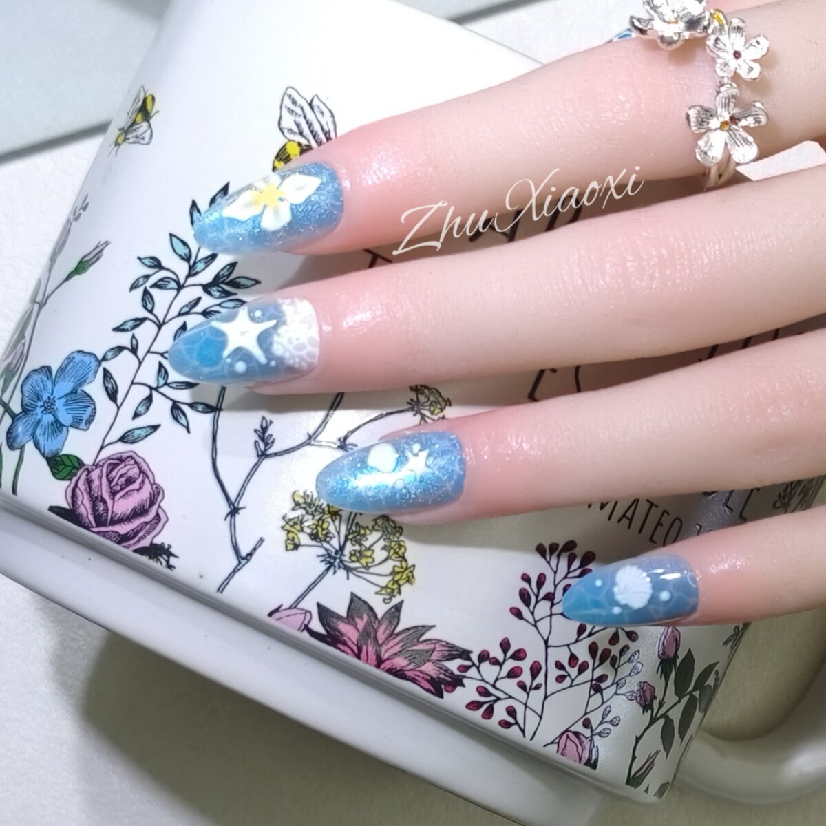 海洋传说】夏日穿戴甲ins蓝色大海渐变星空猫眼玻璃珠美甲贴氛围