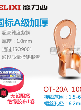 德力西国标A级OT-20A纯紫铜开口鼻铜接头线鼻子线耳接线端子100只