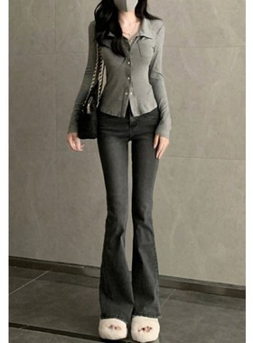 早春纯欲风辣妹烟灰色衬衫女秋季polo领衬衣紧身显瘦别致短款上衣