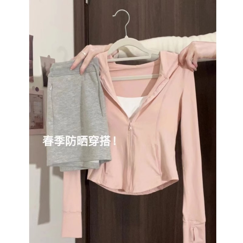 粉色冰丝防晒衣女款夏季2025新款防紫外线连帽外套瑜伽服鱼骨上衣