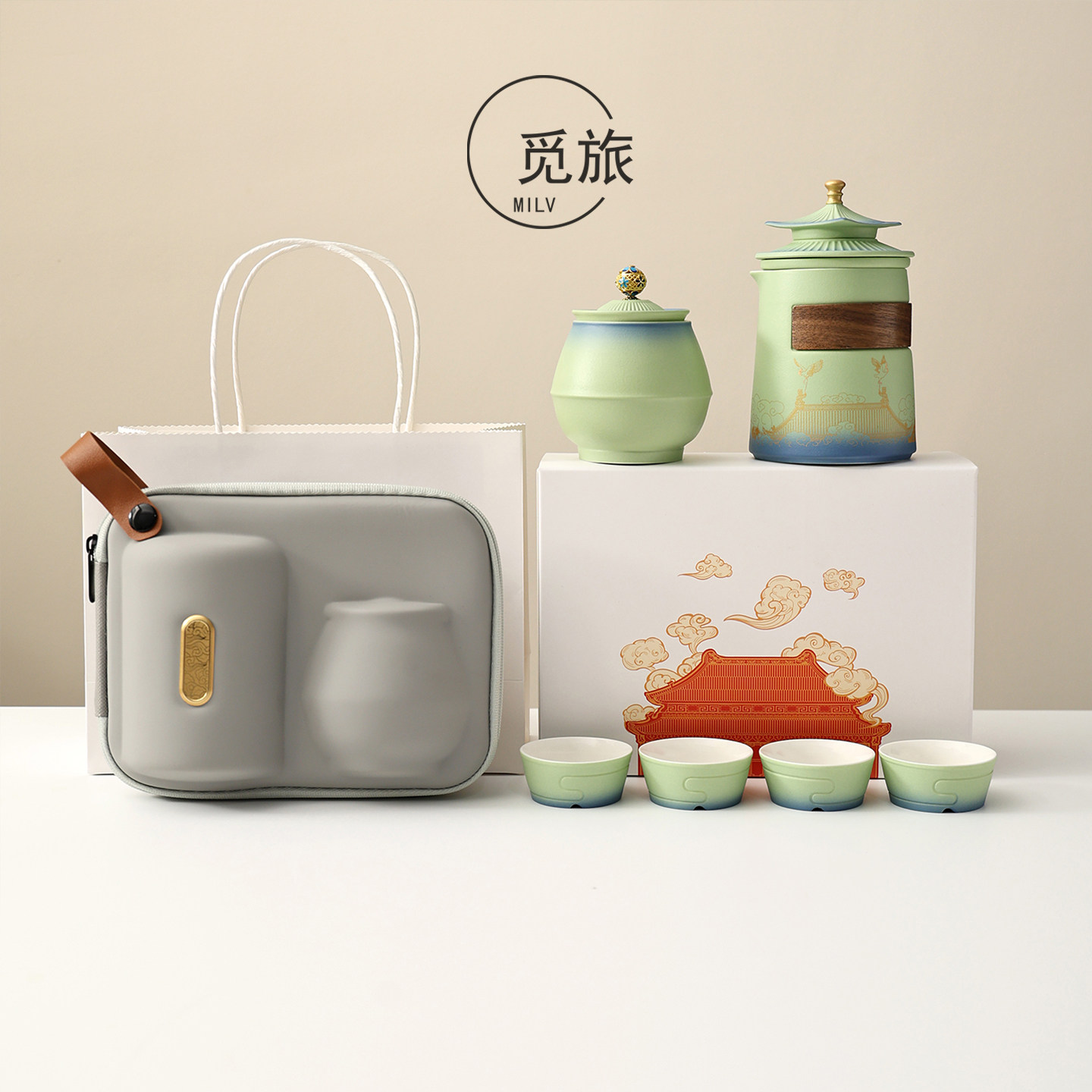 故宫文创旅行茶具套装一壶四杯便携式户外单人饮陶瓷快客杯伴手礼,餐饮具,旅行茶具,淘宝优惠券,粉丝福利购,淘宝优惠卷