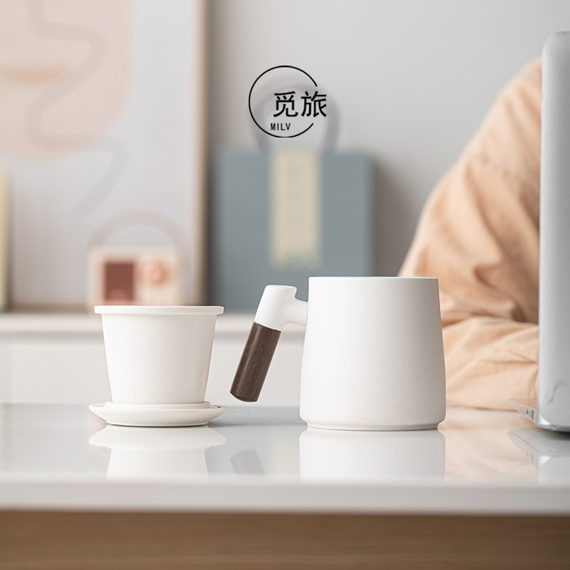 陶瓷磨砂办公室木柄带盖茶杯