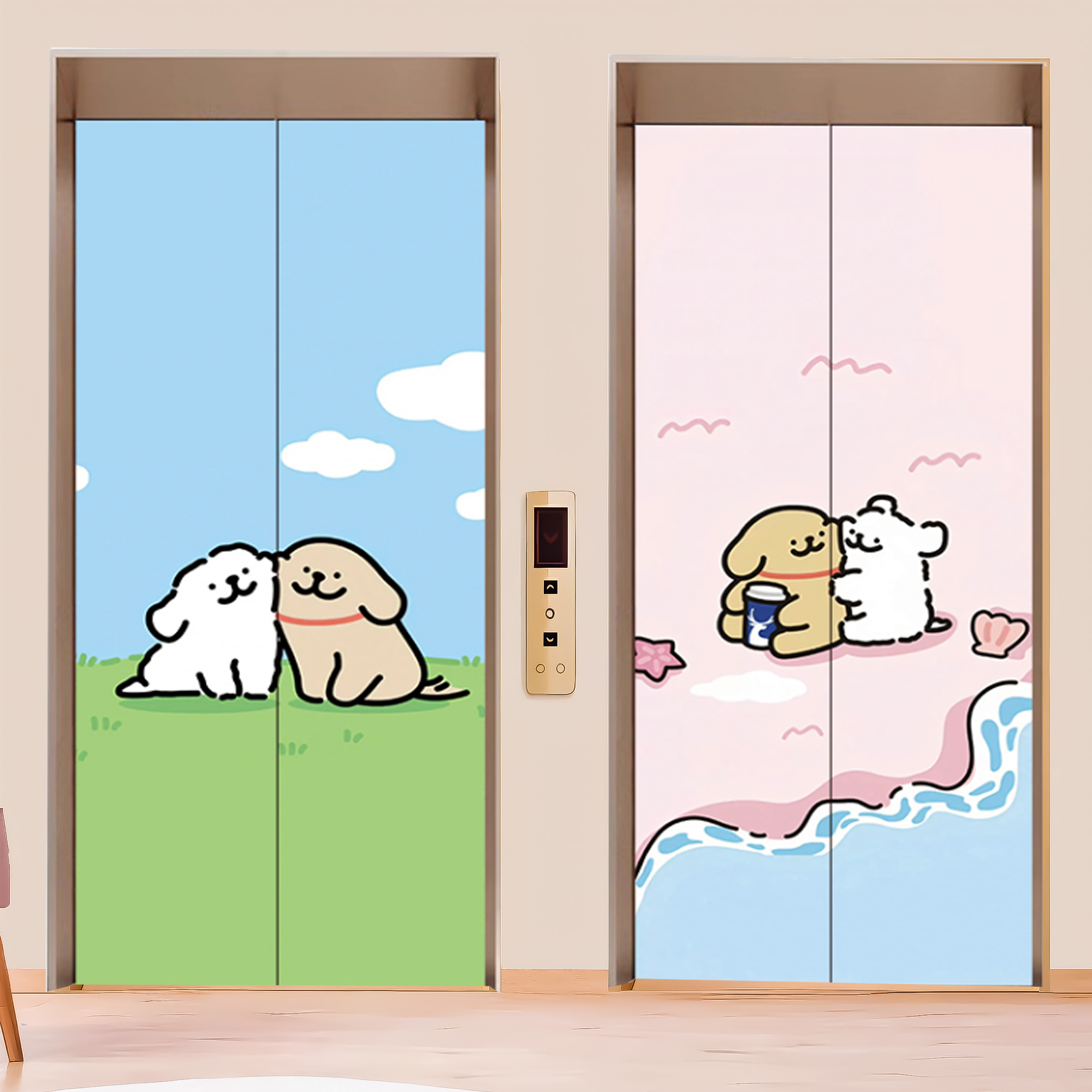 线条小狗电梯门贴纸一梯一户门口布置创意卡通网红入户电梯门贴纸