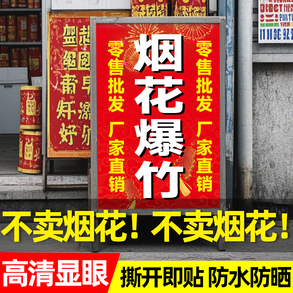 烟花爆竹海报广告宣传小卖部超市玻璃门批发鞭炮自粘贴纸背景墙画