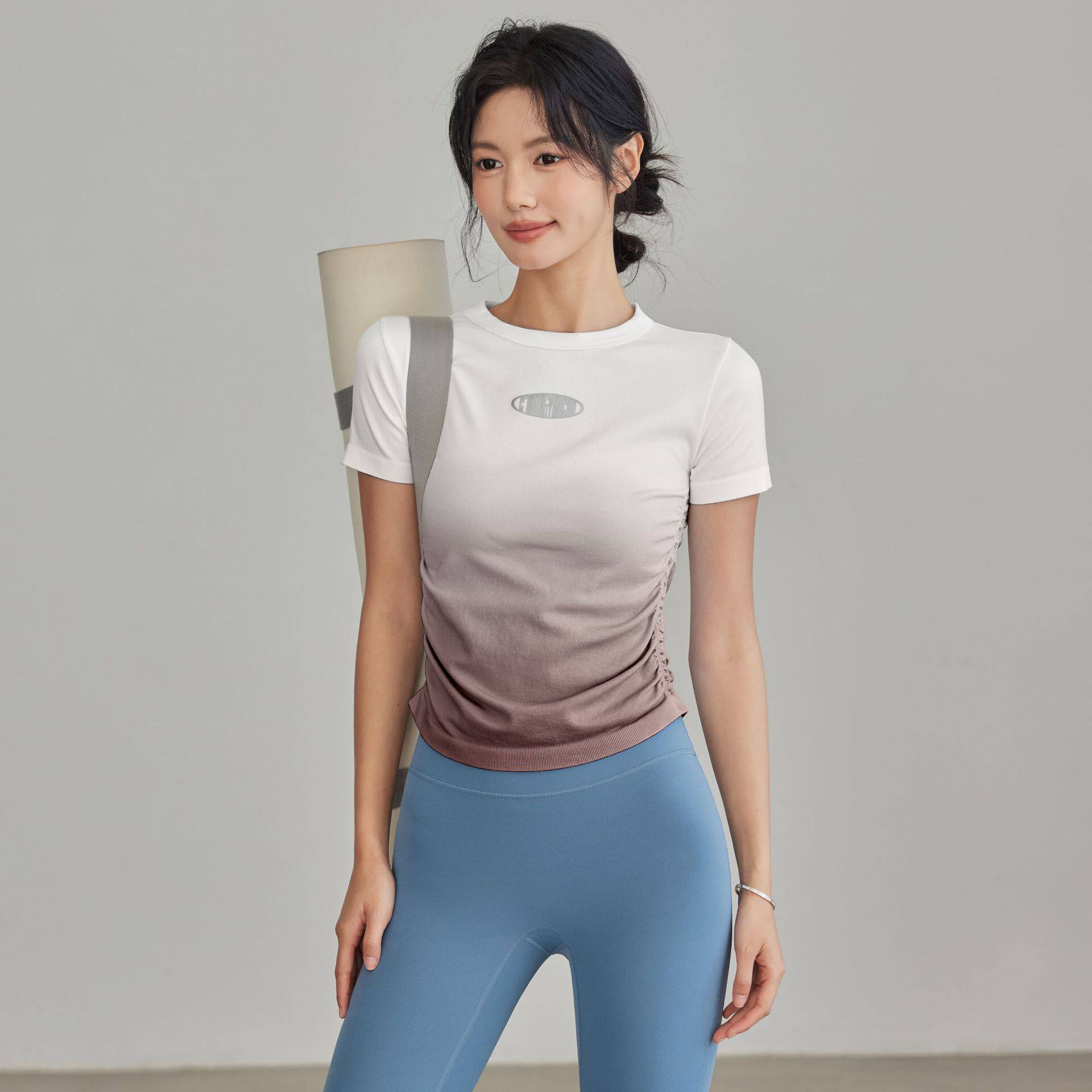 春夏瑜伽服女渐变运动短袖T恤lulu上衣训练上衣跑步健身上衣女