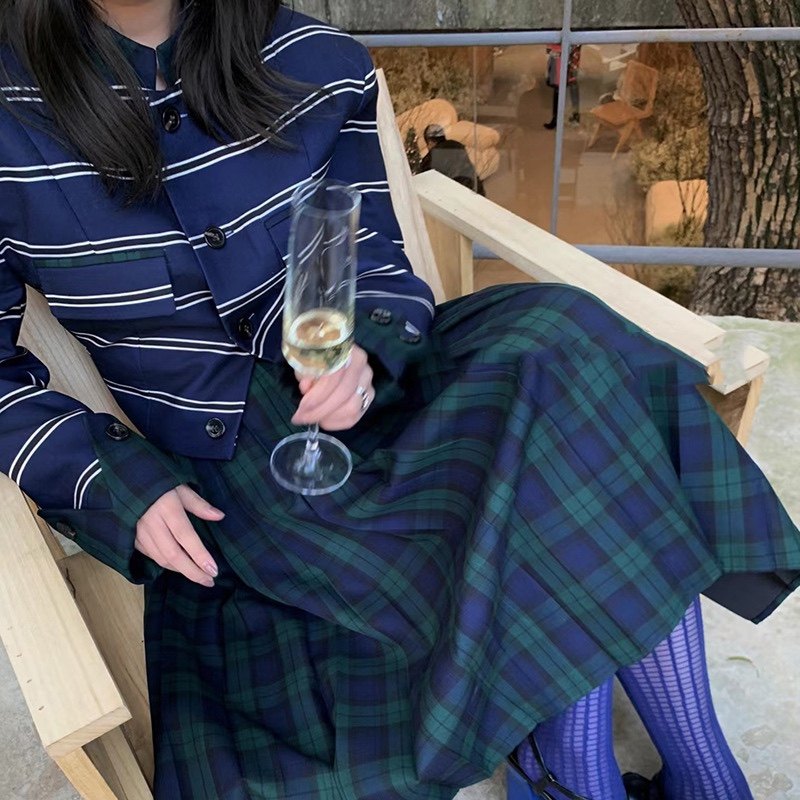 FFU 条纹西装外套女2022年新款复古修身短上衣格子百褶裙两件套装