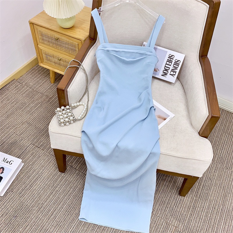 RR定制 且可 维纳斯 醋酸乱麻/全涤乱麻修身开衩长款吊带连衣裙