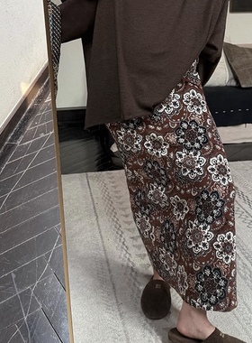 Owish焦糖浮世绘 轻薄复古印花自带电影感文艺的一片式系带半身裙