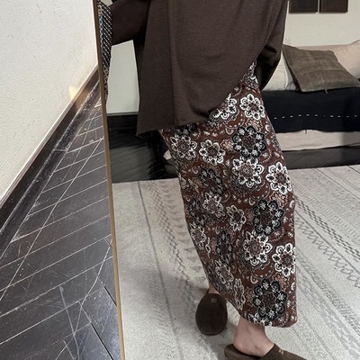 Owish焦糖浮世绘 轻薄复古印花自带电影感文艺的一片式系带半身裙