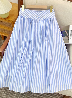 KOKI现货 航海艺术家法式马德拉刺绣弧形宽腰条纹半身伞裙两色