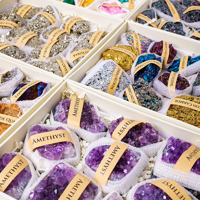 天然水晶原石矿石礼盒套装未打磨大颗粒矿标教学装饰摆件厂家批