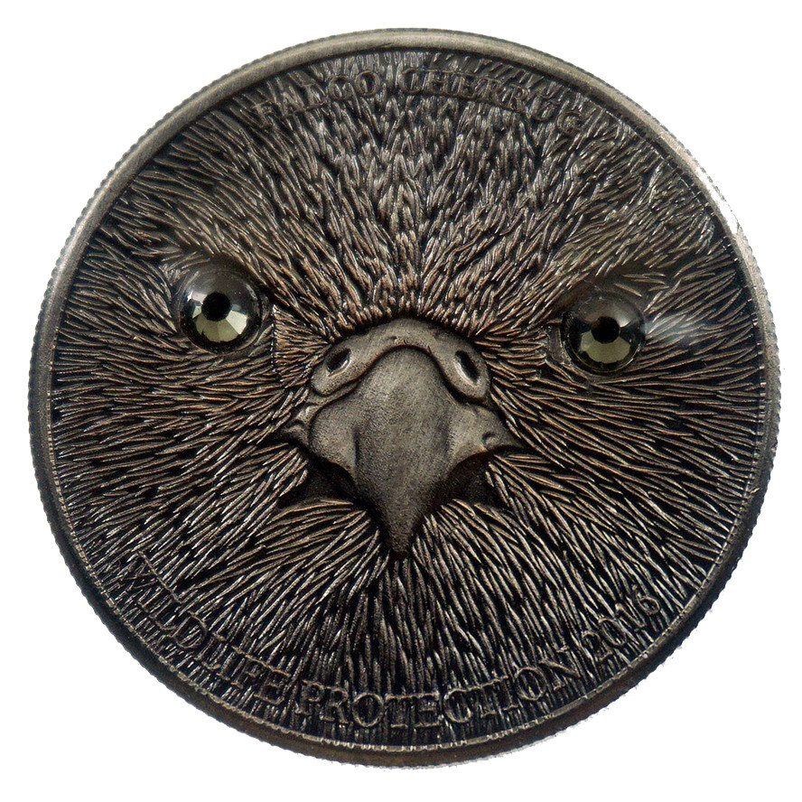 Mongolia coin蒙古2015年野生动物保护坎贝尔猎鹰仿古镶嵌银币