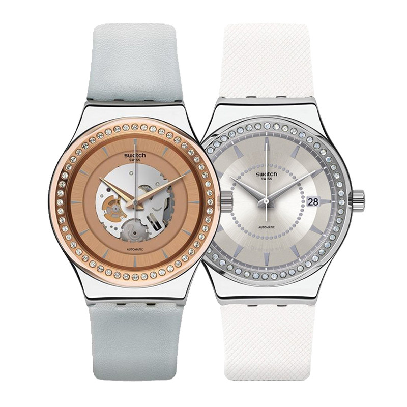 swatch斯沃琪瑞士全自动机械表夜光真皮水钻玫瑰金女士手表yis415