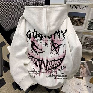 童装痞帅高街恶魔笑脸男童印花连帽卫衣潮流宽松加绒学生百搭外套