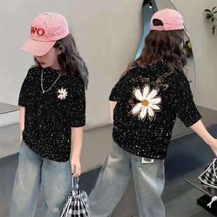 童装夏季新款女黑色童满天星亮片小众印花短袖T恤中大童宽松上衣