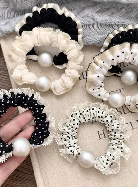 法式高级感韩系蕾丝边雪纺小肠发圈新款夏天扎头发珍珠头绳女