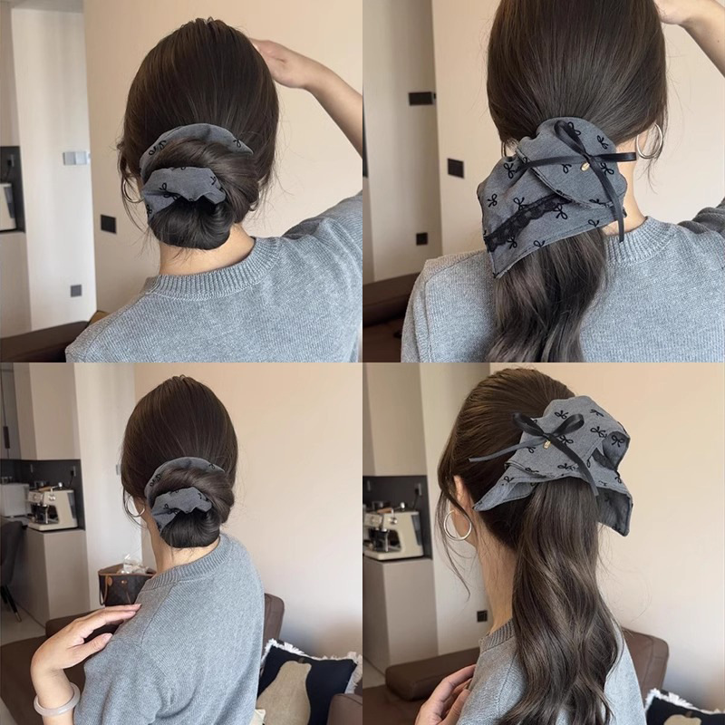 灰色格雷系蝴蝶结方形大肠发圈女头绳高级感马尾辫丸子头发绳发饰