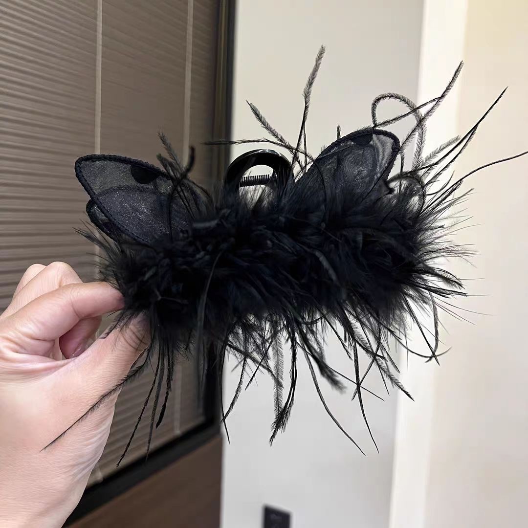 网纱猫耳朵羽毛发夹鸵鸟羽毛抓夹高级感春夏发饰黑色毛毛夹鲨鱼