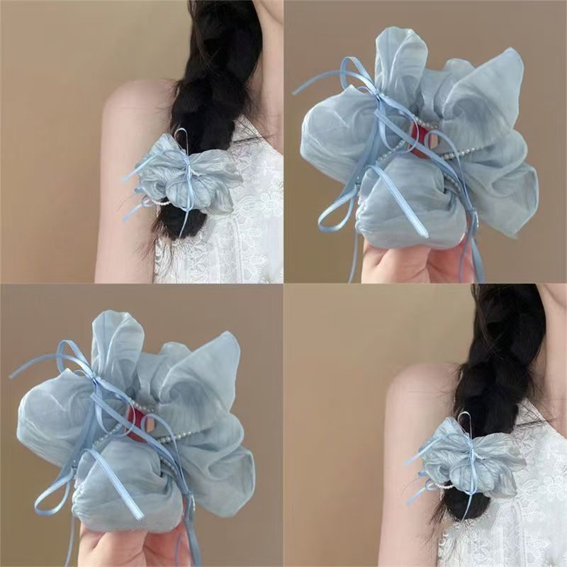 静谧星空!蓝色蝴蝶珍珠大肠发圈!高级感缎面头绳扎马尾盘发器女