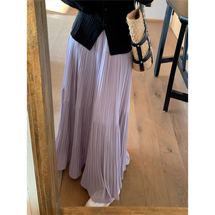 高级感雨雾紫藤温柔压褶半身裙2025春季设计感宽松大裙摆a字长裙