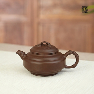 德弈斋宜兴紫砂茶壶九十年代紫砂一厂特拼紫泥潘明星双线竹鼓收藏