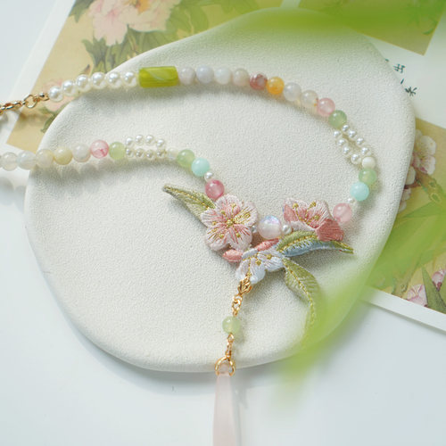 云深雾浅 落花樱 原创樱花玛瑙混合汉服短璎珞古风旗袍项链配饰