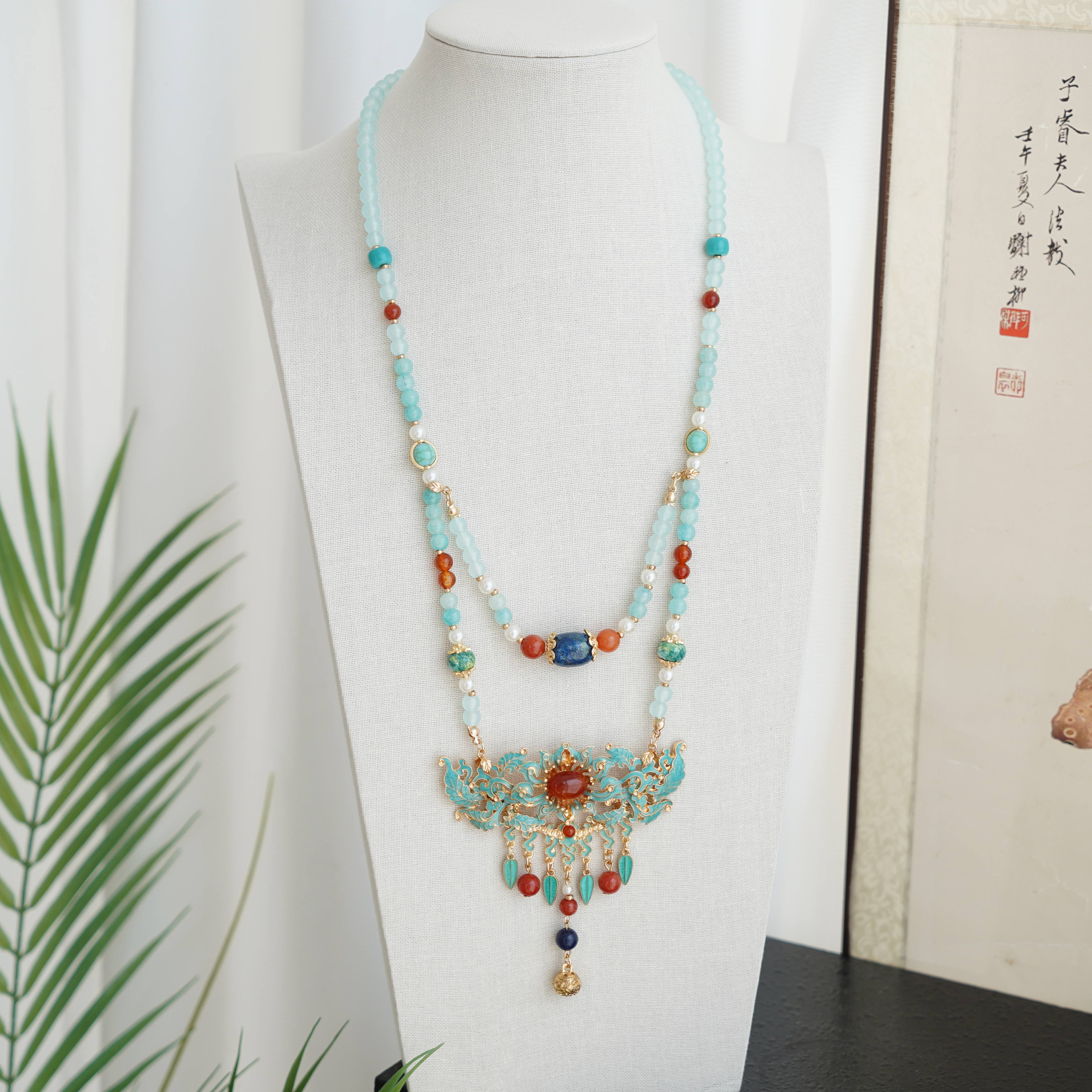 云深雾浅 叠翠鎏金 原创百搭琉璃汉服明制璎珞长流苏背云汉服配饰