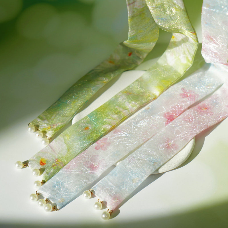 云深雾浅 春黛 原创印花汉服发带珍珠吊坠发绳古风飘带头饰发饰