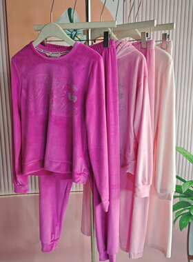 美国单 轻奢橘子家春秋季长袖睡衣套装家居服柔软天鹅绒多巴胺