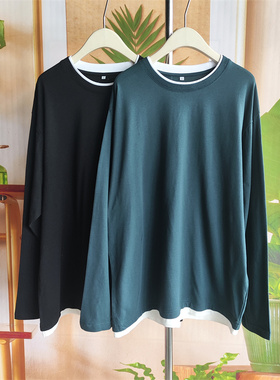 霓虹极简假两件棉质长袖T恤男圆领宽松百搭上衣 胸围124-132cm