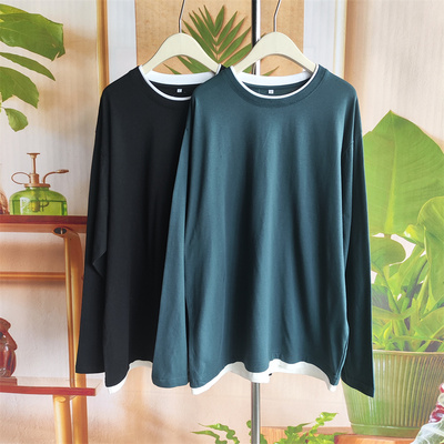 霓虹极简假两件棉质长袖T恤男圆领宽松百搭上衣 胸围124-132cm