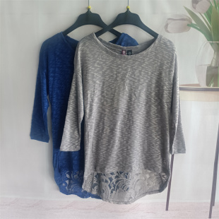 轻薄夏秋 透气编制烂布印花蕾丝拼接七分袖外搭上衣t恤衫女衫罩衫