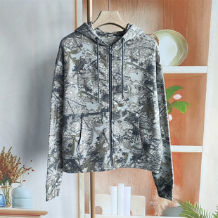 美国订单迷彩风连帽卫衣女宽松休闲短外套长袖 300斤1 拉链上衣大码