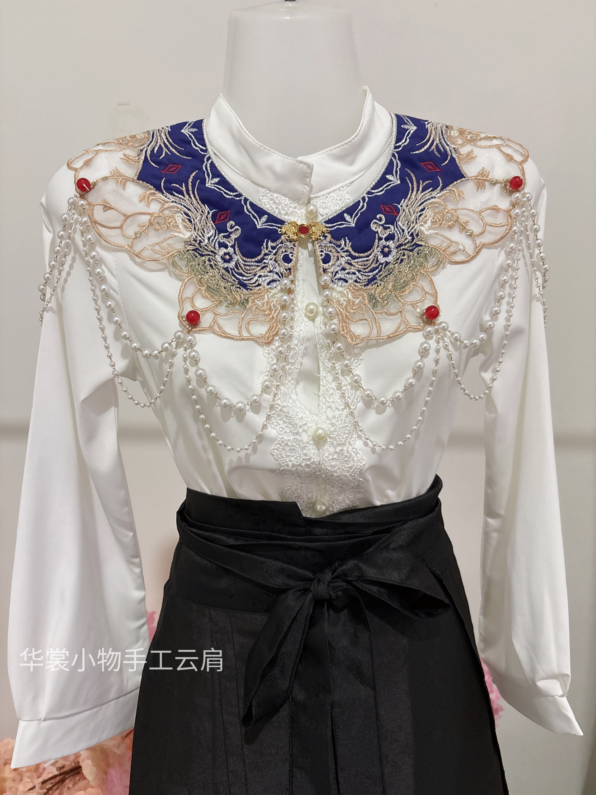 【锦凤】重工刺绣珍珠蓝色云肩精美双层流苏披肩假领