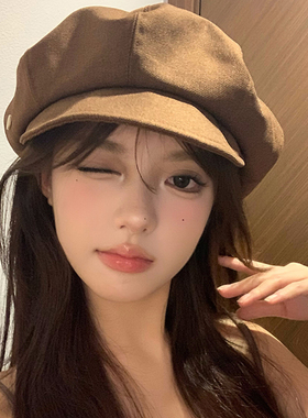 大头围显脸小！春夏薄款咖色贝雷帽简约女日系复古百搭八角画家帽