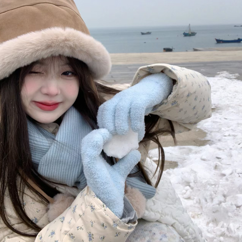 超百搭!秋冬出游手套blue奶蓝系可爱防寒珊瑚绒轻薄款多色可选