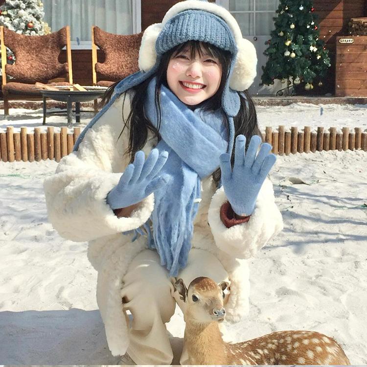 超百搭！奶蓝色手套围巾加绒保暖防寒女冬季东北旅游雪地拍照