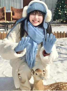 超百搭！奶蓝色手套围巾加绒保暖防寒女冬季东北旅游雪地拍照