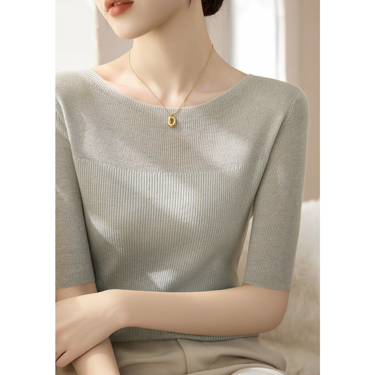 高级感气质修身冰丝短袖针织衫T恤女装夏季新款法式一字领上衣薄