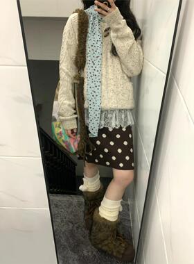 自制日系覆古焦糖色波点高腰中裙女秋学院风系带棕色圆点半身短裙