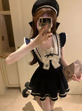 小喵印记夏季收腰显瘦小众设计款纯欲甜系学院风撞色拼接洋装女