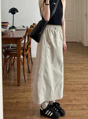 美式覆古工装半身裙女新款胖mm遮胯显瘦高腰开叉中长版a字裙子